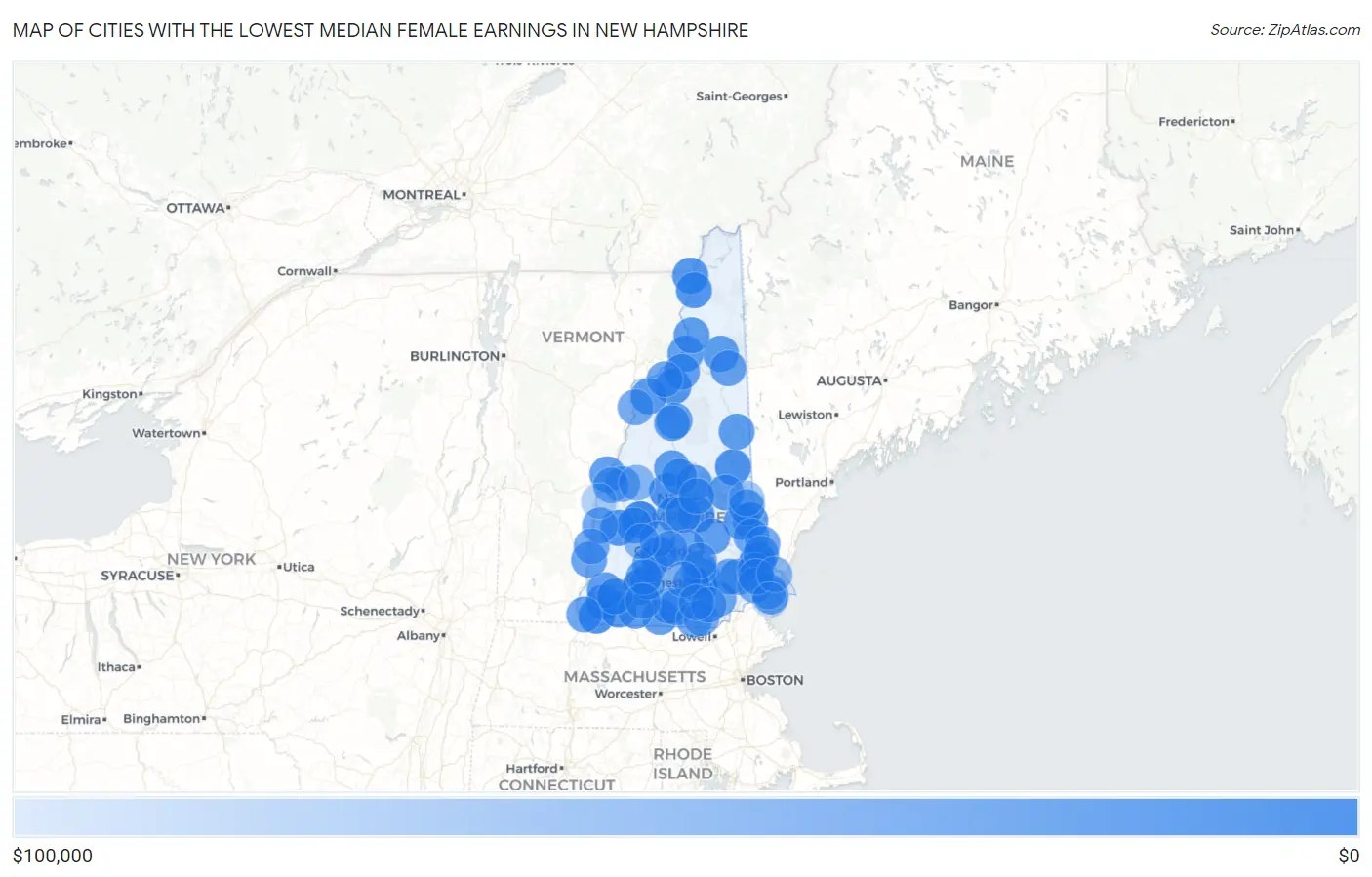 Cities with the Lowest Median Female Earnings in New Hampshire Map