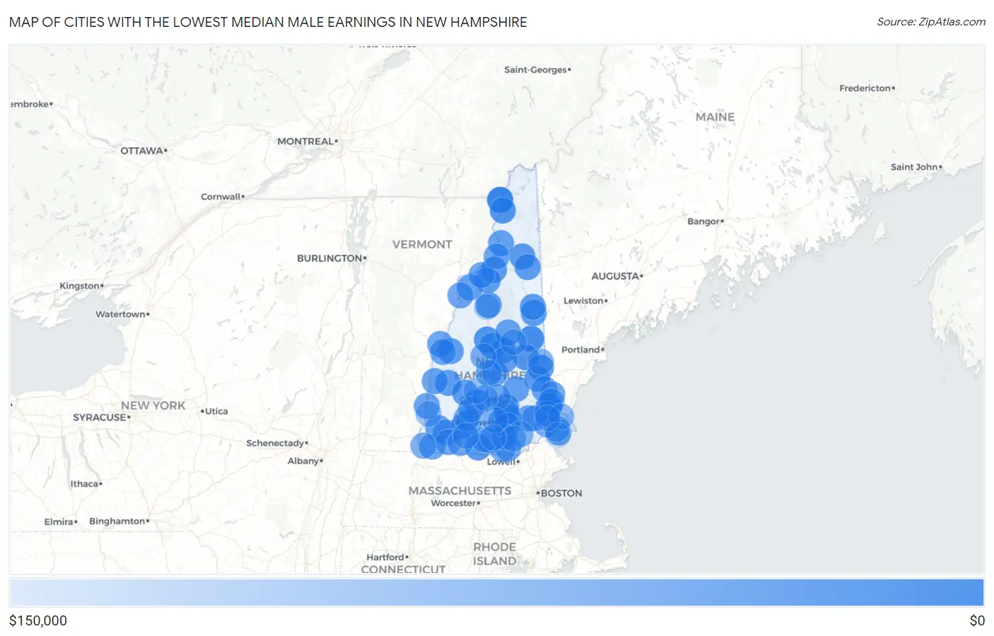 Cities with the Lowest Median Male Earnings in New Hampshire Map