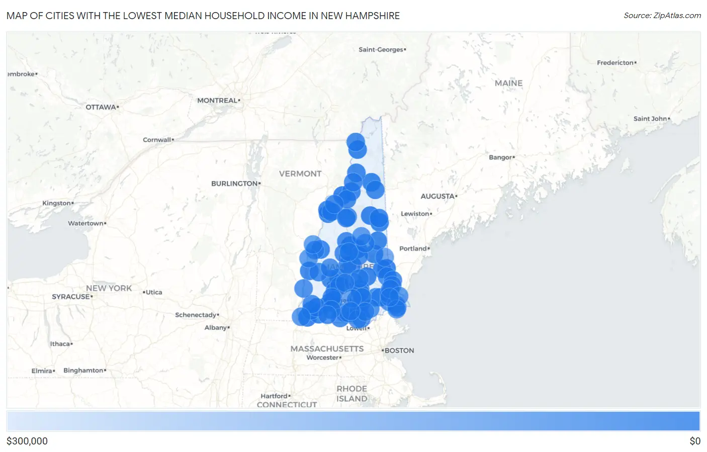 Cities with the Lowest Median Household Income in New Hampshire Map