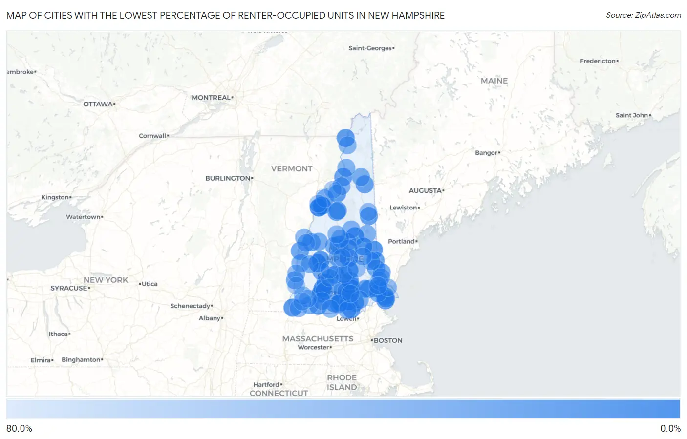Cities with the Lowest Percentage of Renter-Occupied Units in New Hampshire Map