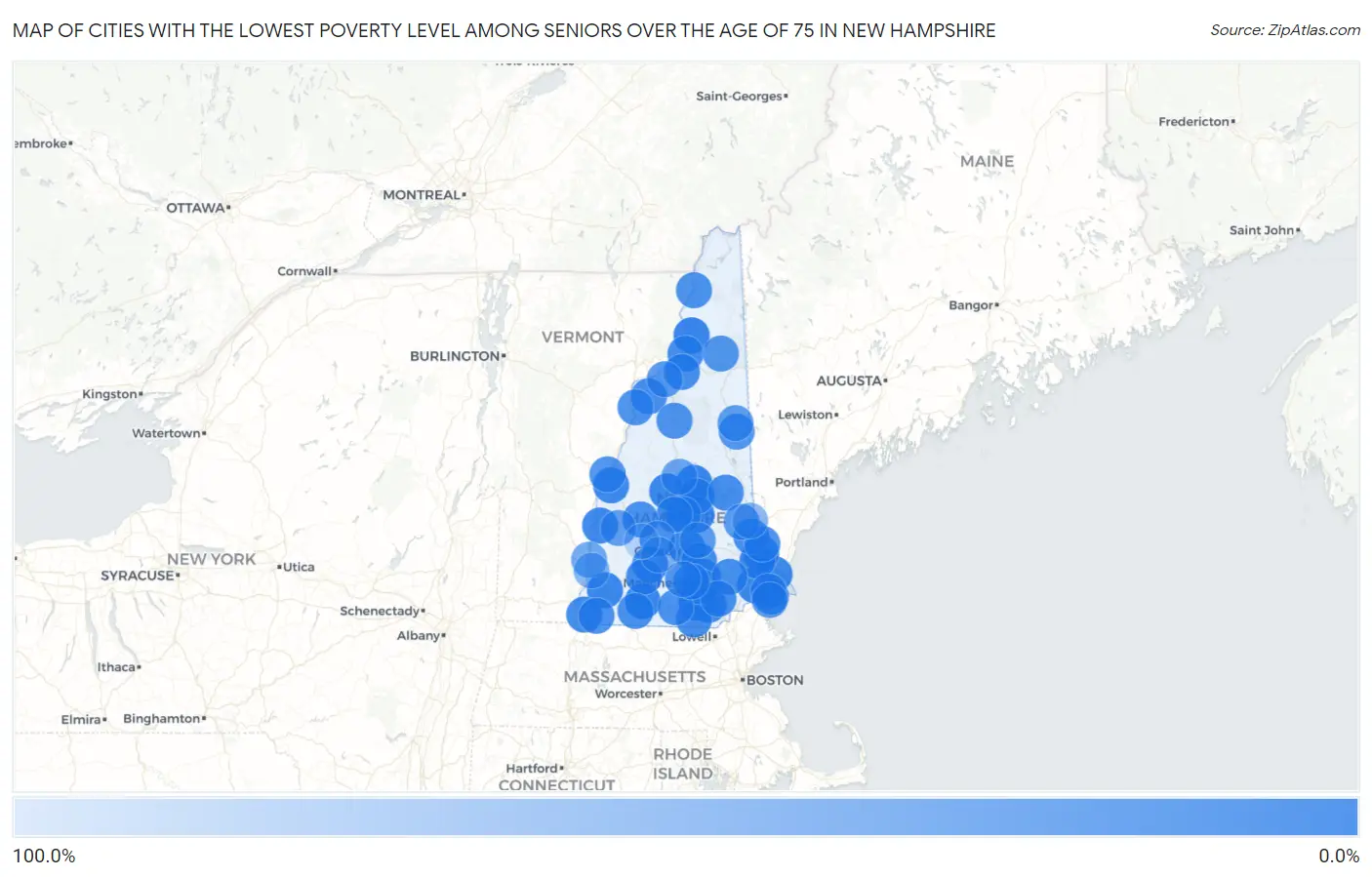 Cities with the Lowest Poverty Level Among Seniors Over the Age of 75 in New Hampshire Map