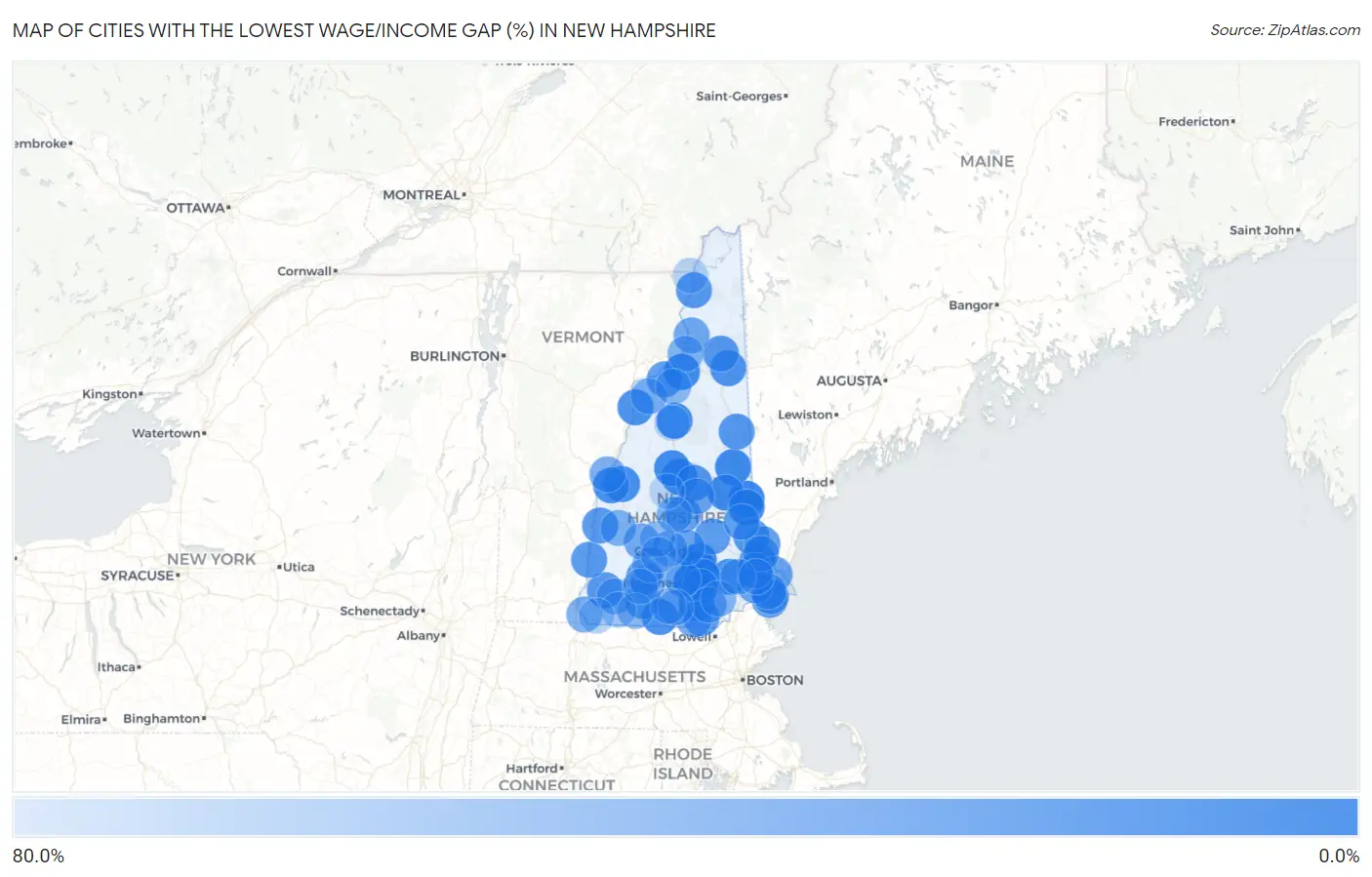 Cities with the Lowest Wage/Income Gap (%) in New Hampshire Map