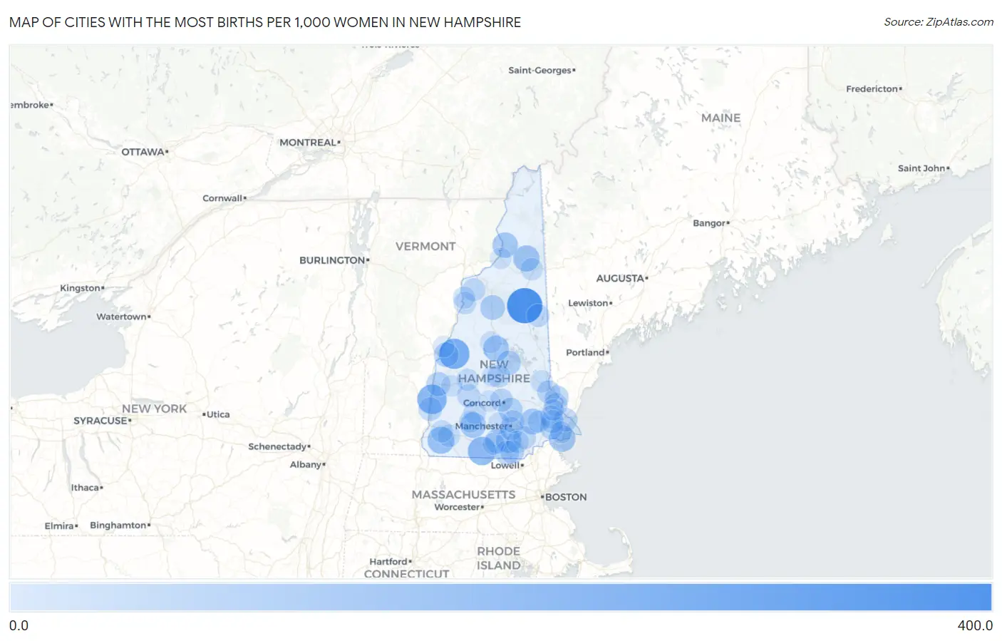 Cities with the Most Births per 1,000 Women in New Hampshire Map