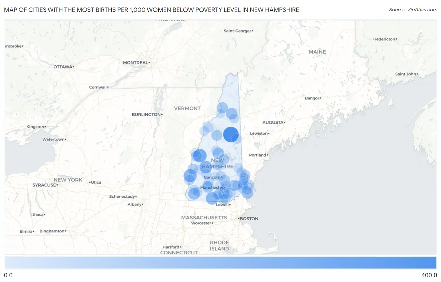 Cities with the Most Births per 1,000 Women Below Poverty Level in New Hampshire Map