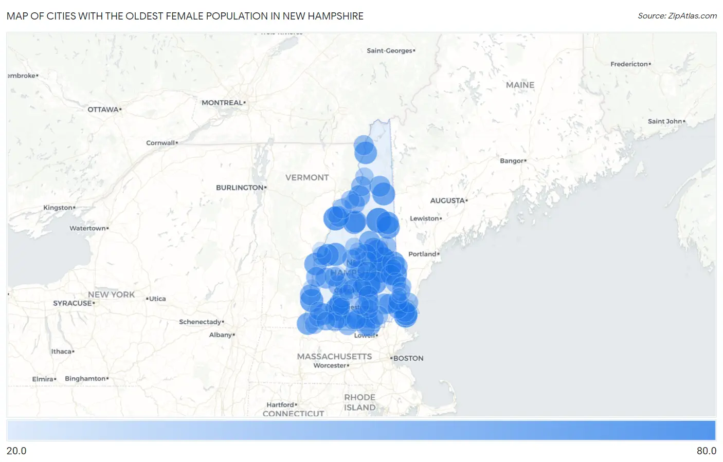 Cities with the Oldest Female Population in New Hampshire Map