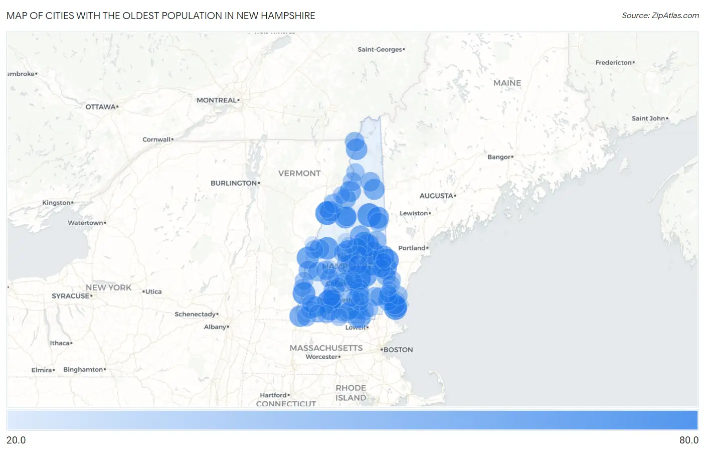 Cities with the Oldest Population in New Hampshire Map