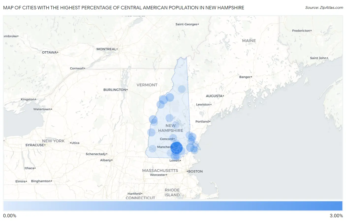 Cities with the Highest Percentage of Central American Population in New Hampshire Map
