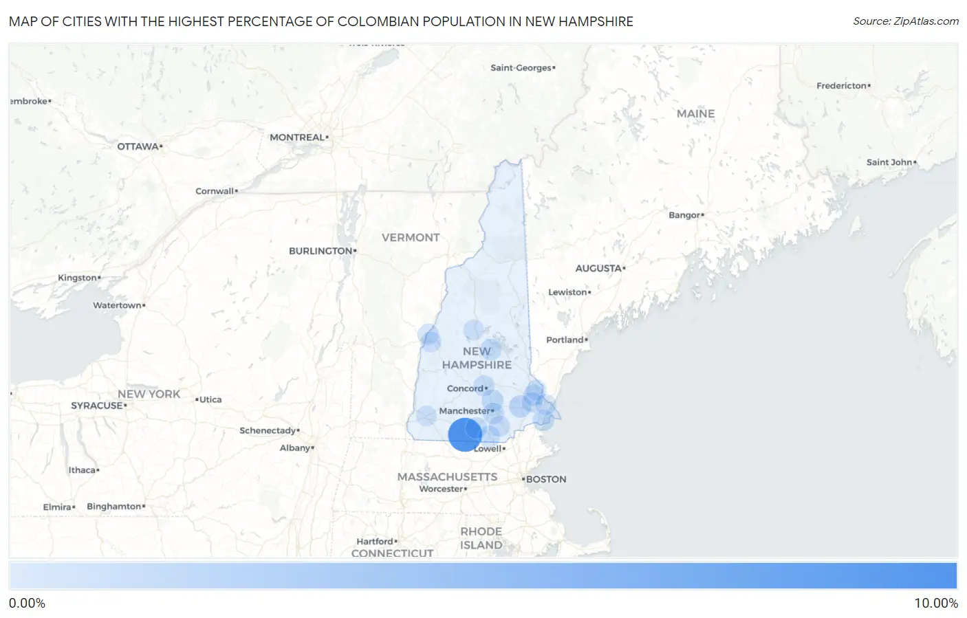 Cities with the Highest Percentage of Colombian Population in New Hampshire Map