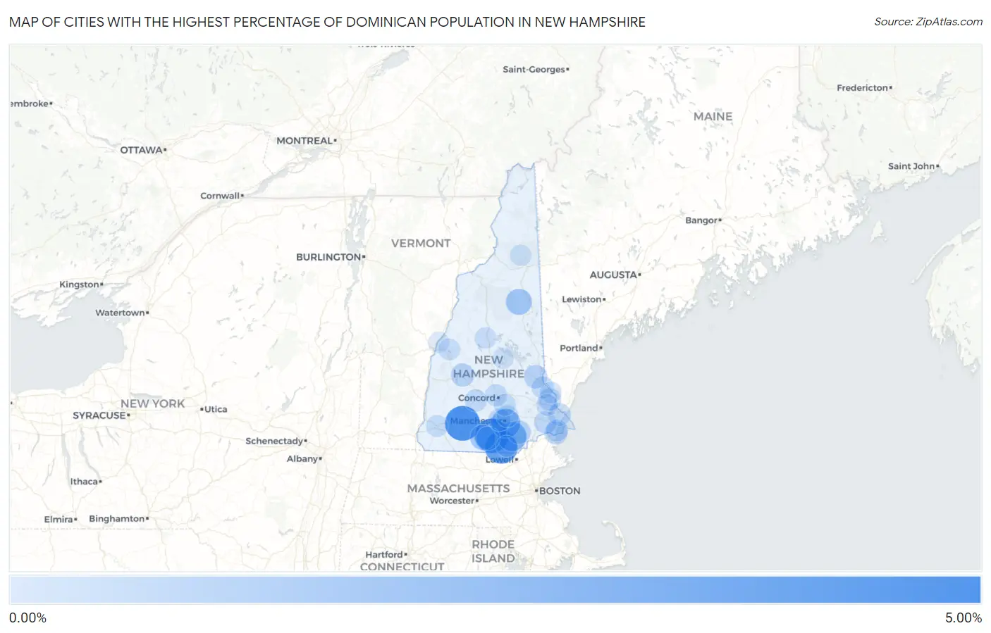 Cities with the Highest Percentage of Dominican Population in New Hampshire Map