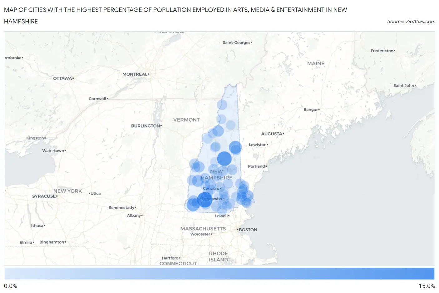 Cities with the Highest Percentage of Population Employed in Arts, Media & Entertainment in New Hampshire Map