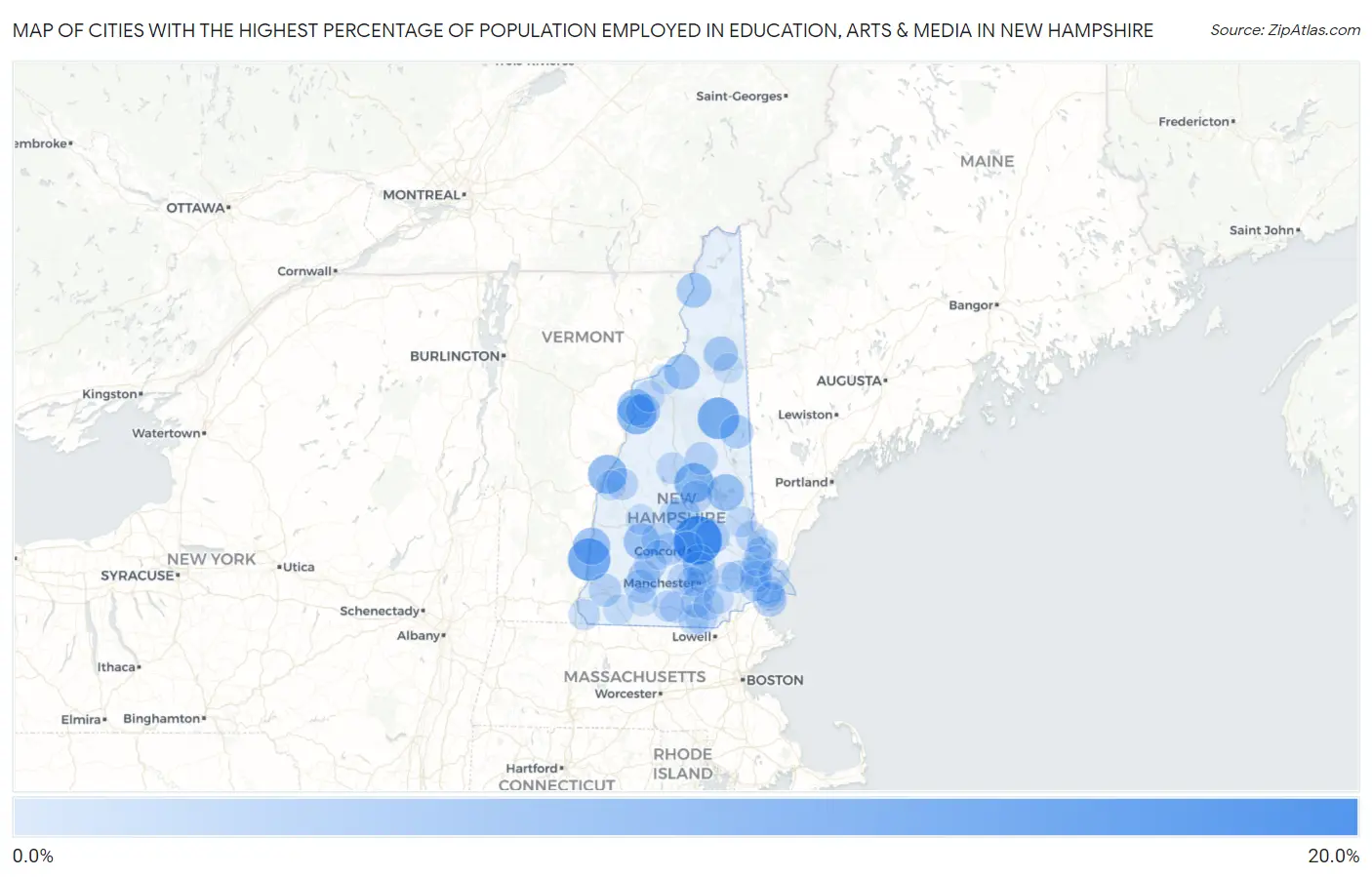 Cities with the Highest Percentage of Population Employed in Education, Arts & Media in New Hampshire Map