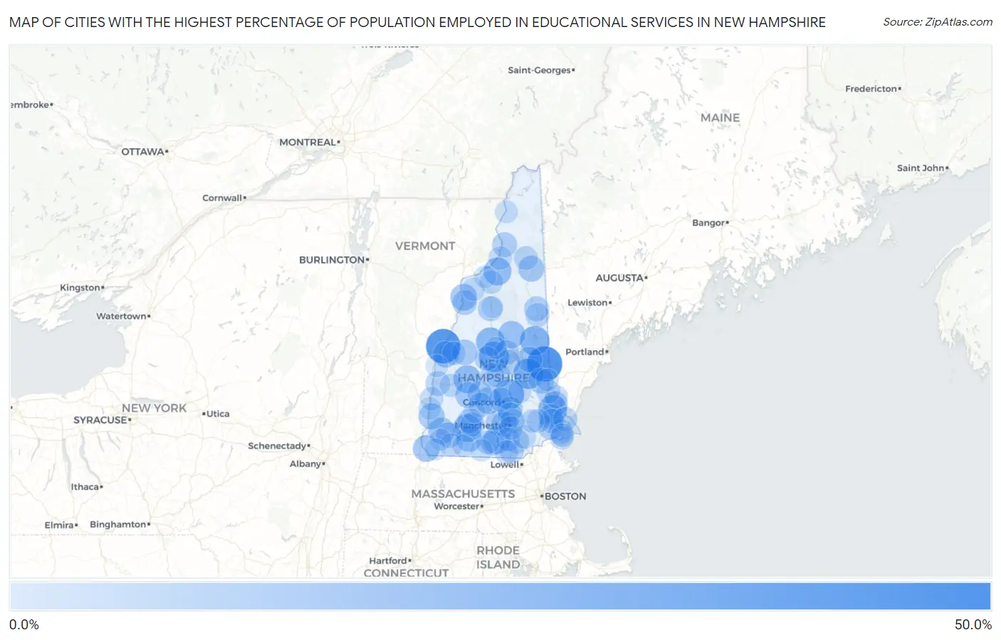 Cities with the Highest Percentage of Population Employed in Educational Services in New Hampshire Map