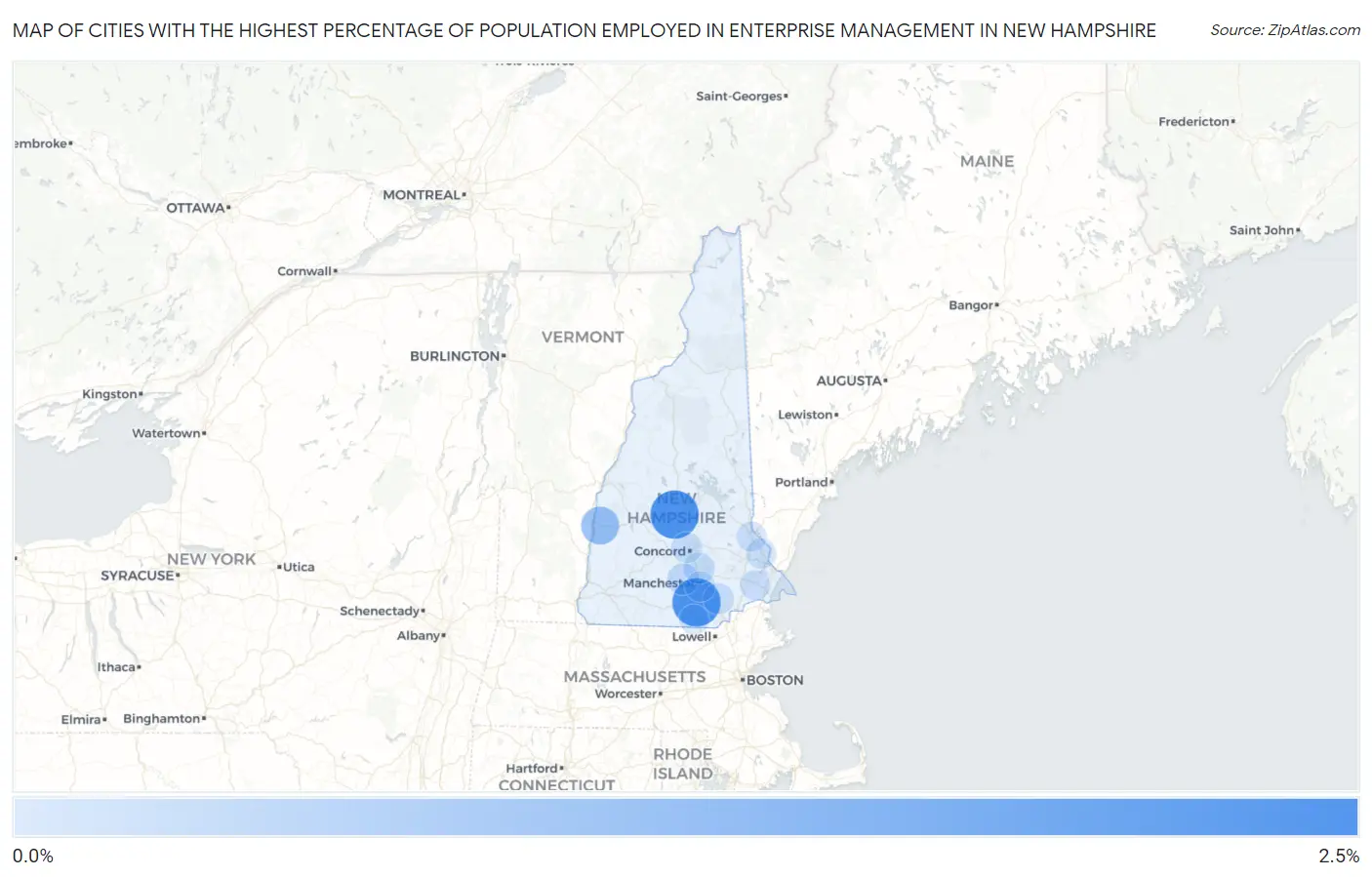 Cities with the Highest Percentage of Population Employed in Enterprise Management in New Hampshire Map
