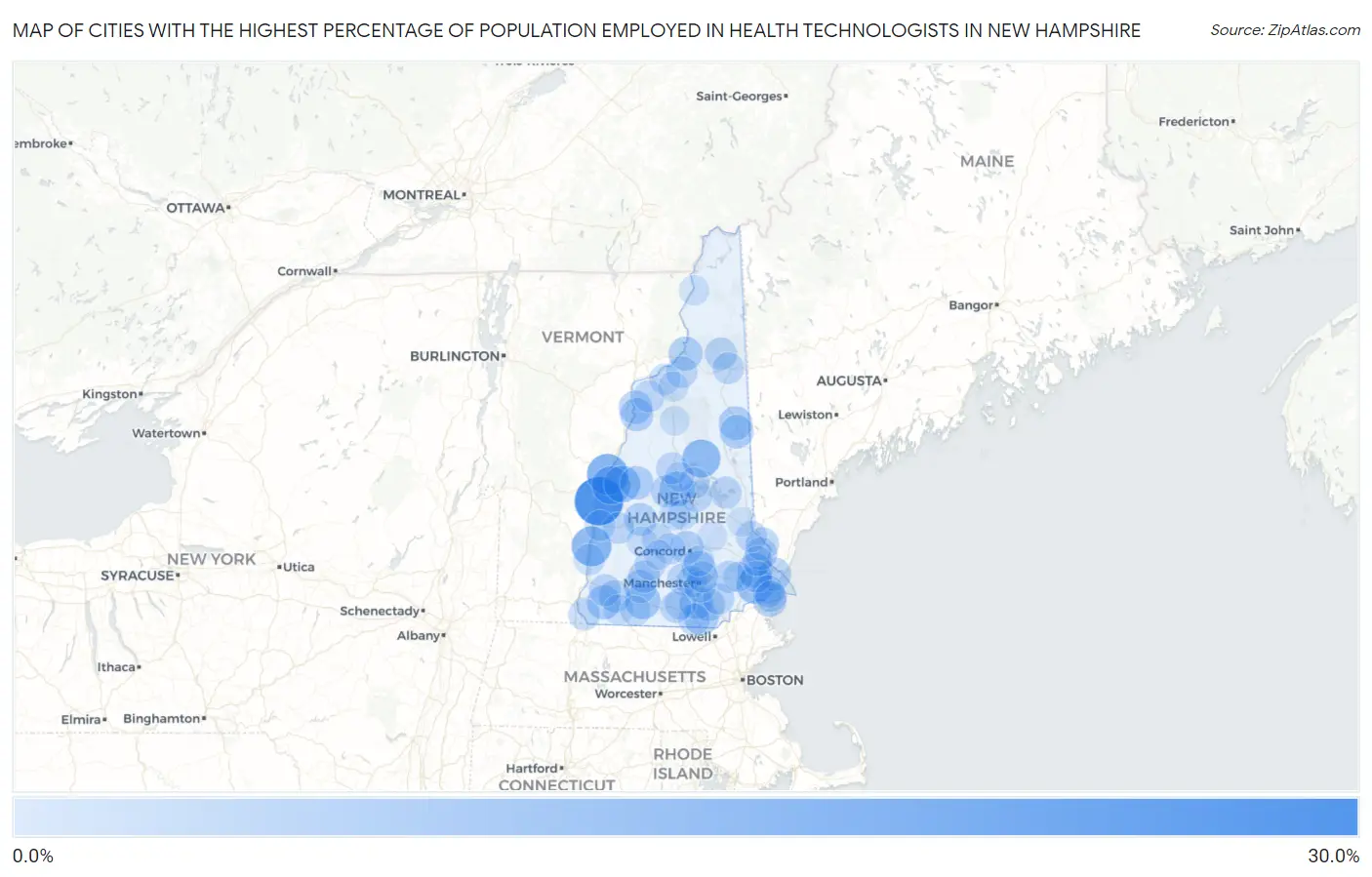 Cities with the Highest Percentage of Population Employed in Health Technologists in New Hampshire Map