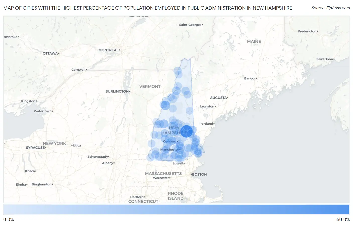 Cities with the Highest Percentage of Population Employed in Public Administration in New Hampshire Map