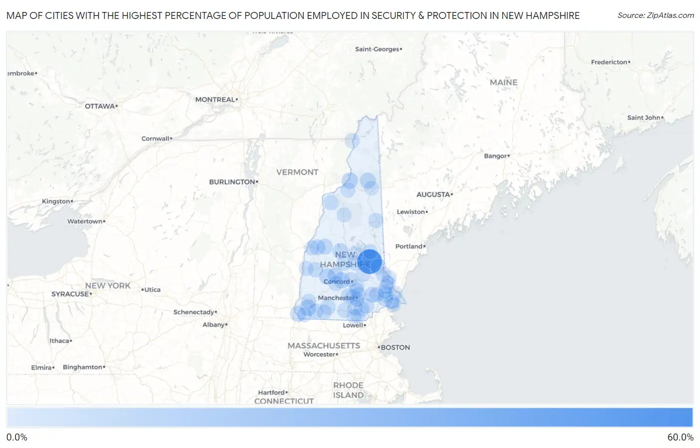 Cities with the Highest Percentage of Population Employed in Security & Protection in New Hampshire Map