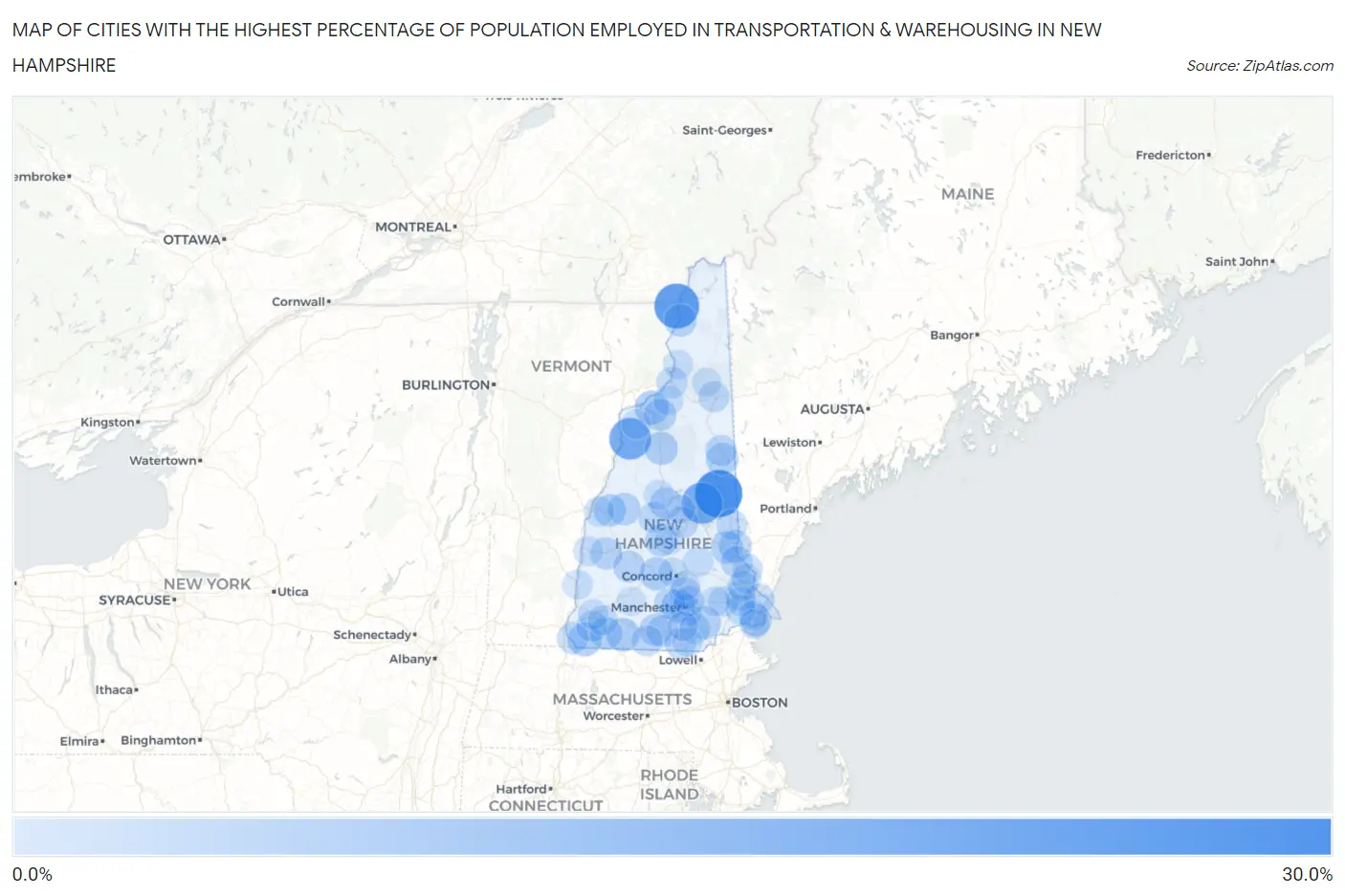 Cities with the Highest Percentage of Population Employed in Transportation & Warehousing in New Hampshire Map