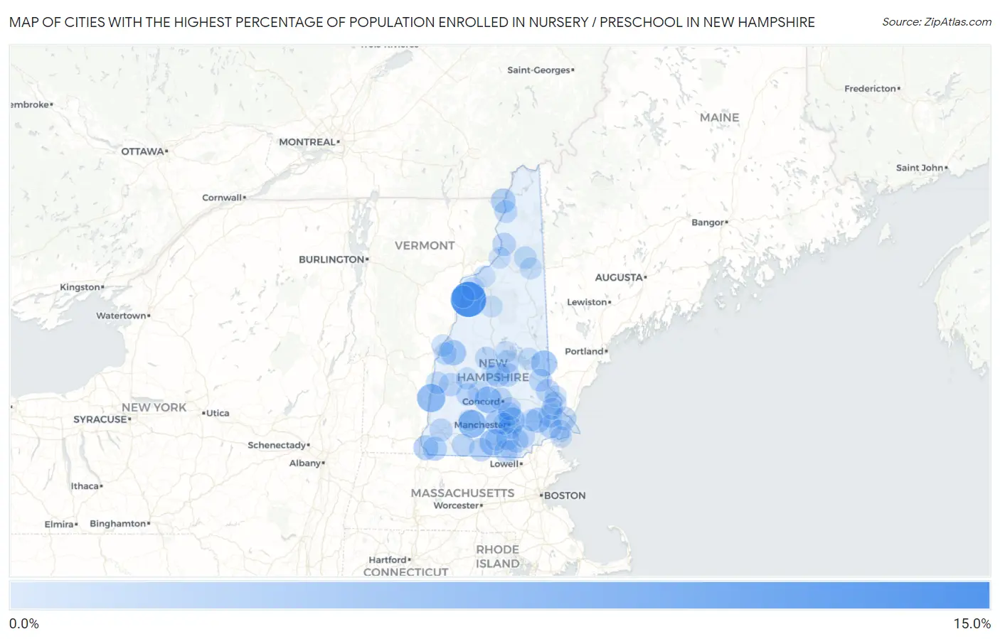 Cities with the Highest Percentage of Population Enrolled in Nursery / Preschool in New Hampshire Map