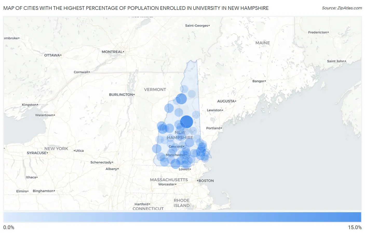 Cities with the Highest Percentage of Population Enrolled in University in New Hampshire Map