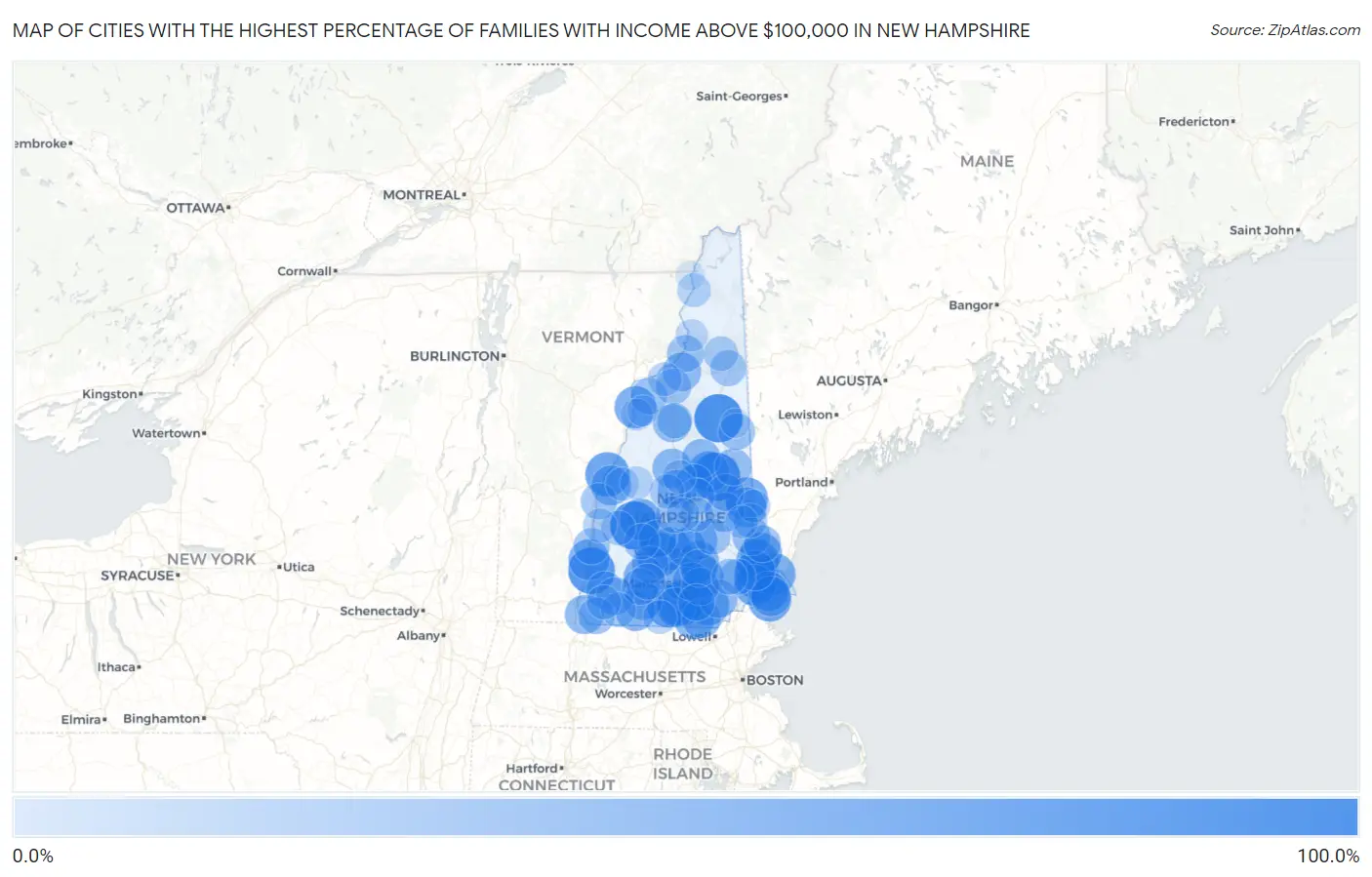 Cities with the Highest Percentage of Families with Income Above $100,000 in New Hampshire Map