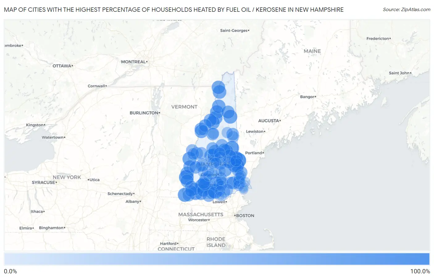 Cities with the Highest Percentage of Households Heated by Fuel Oil / Kerosene in New Hampshire Map