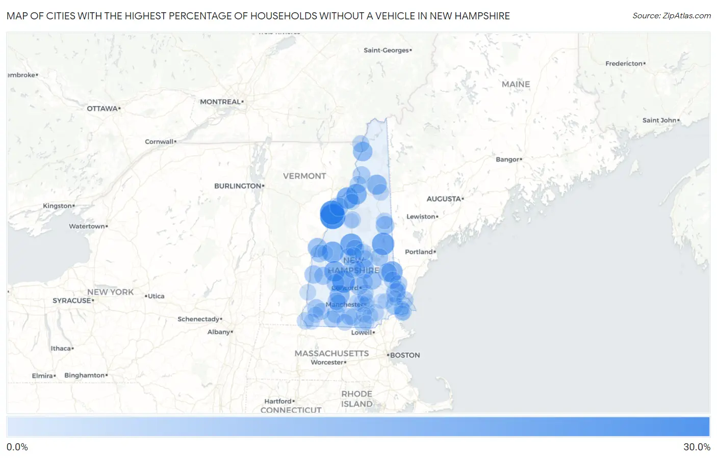 Cities with the Highest Percentage of Households Without a Vehicle in New Hampshire Map