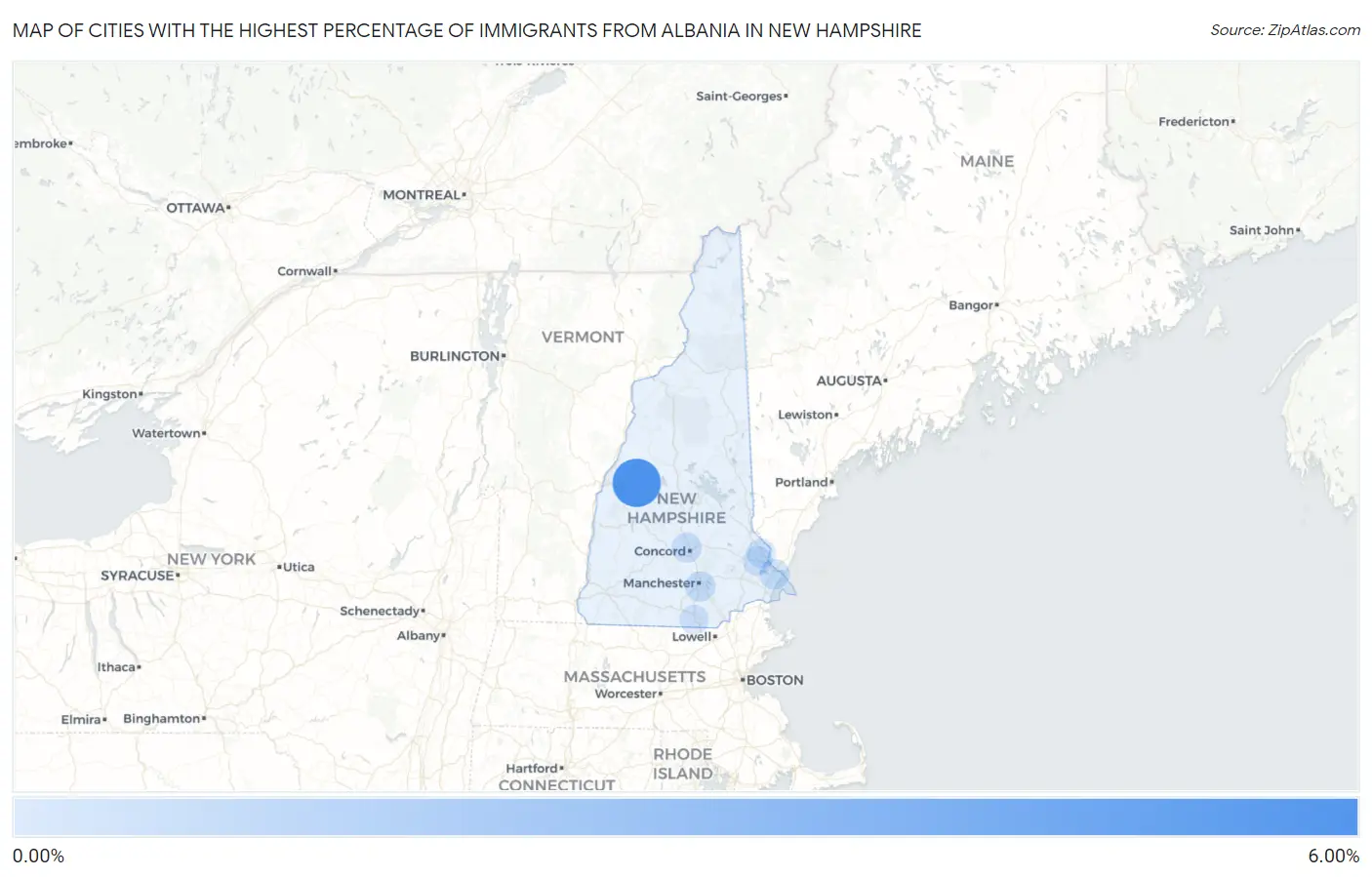 Cities with the Highest Percentage of Immigrants from Albania in New Hampshire Map