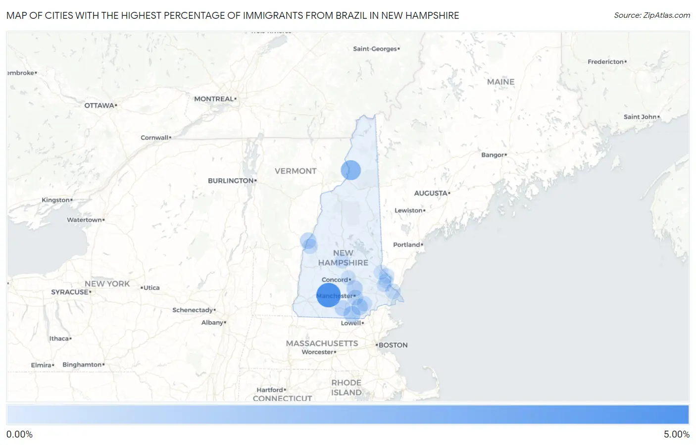 Cities with the Highest Percentage of Immigrants from Brazil in New Hampshire Map