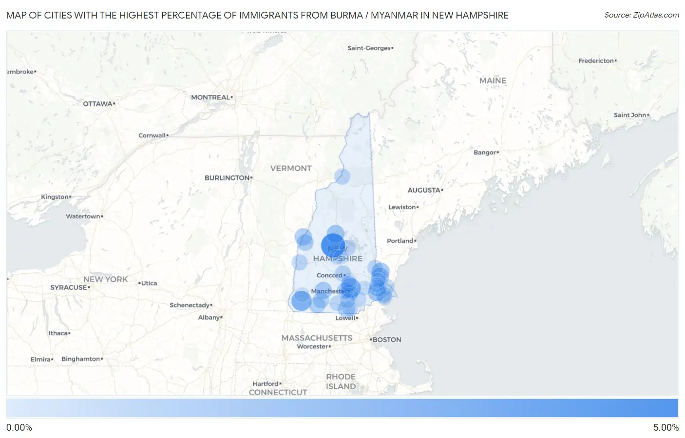 Cities with the Highest Percentage of Immigrants from Burma / Myanmar in New Hampshire Map