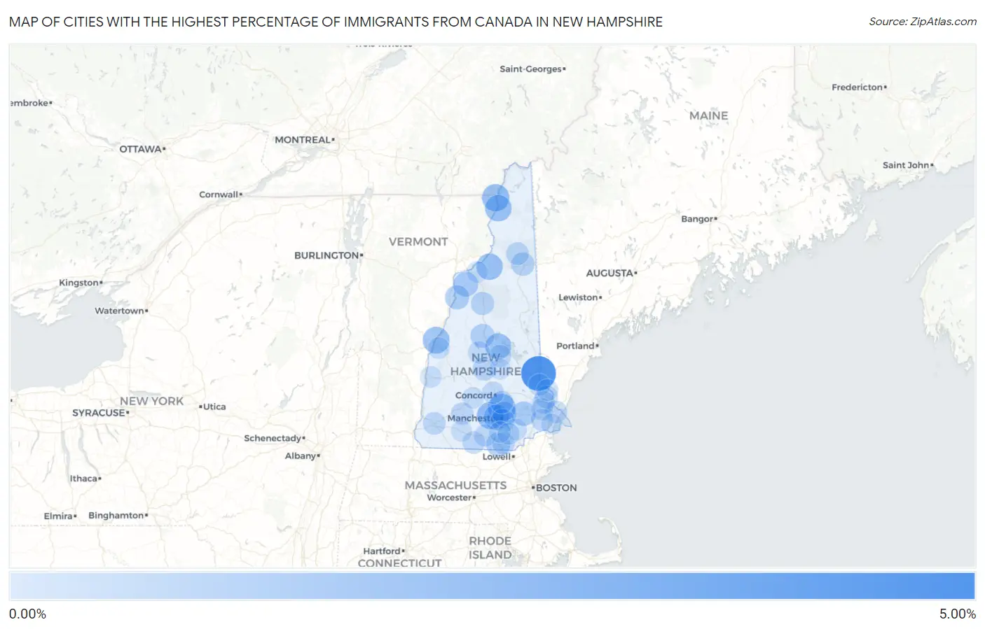 Cities with the Highest Percentage of Immigrants from Canada in New Hampshire Map