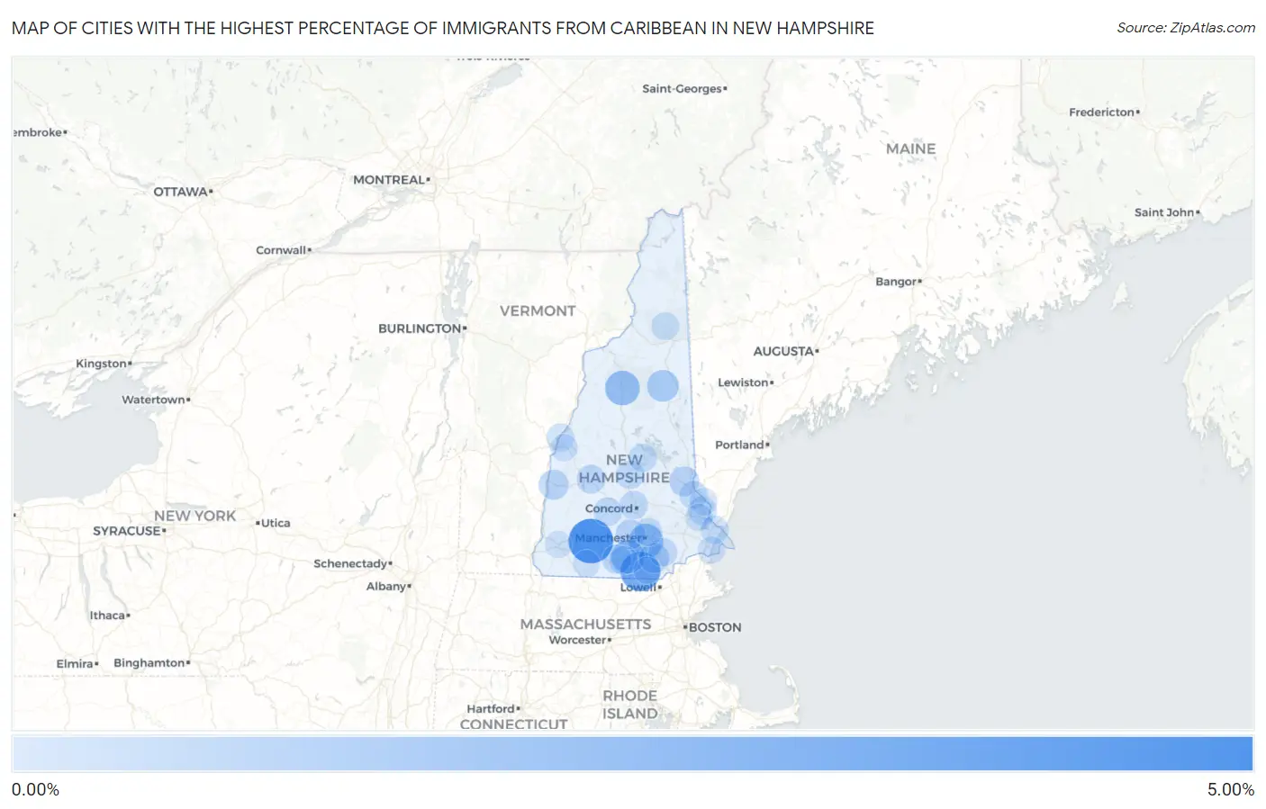 Cities with the Highest Percentage of Immigrants from Caribbean in New Hampshire Map