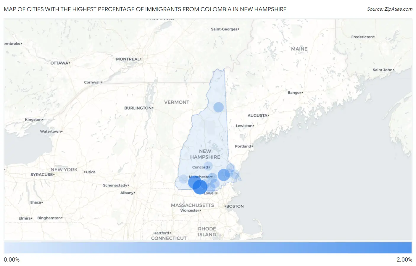 Cities with the Highest Percentage of Immigrants from Colombia in New Hampshire Map