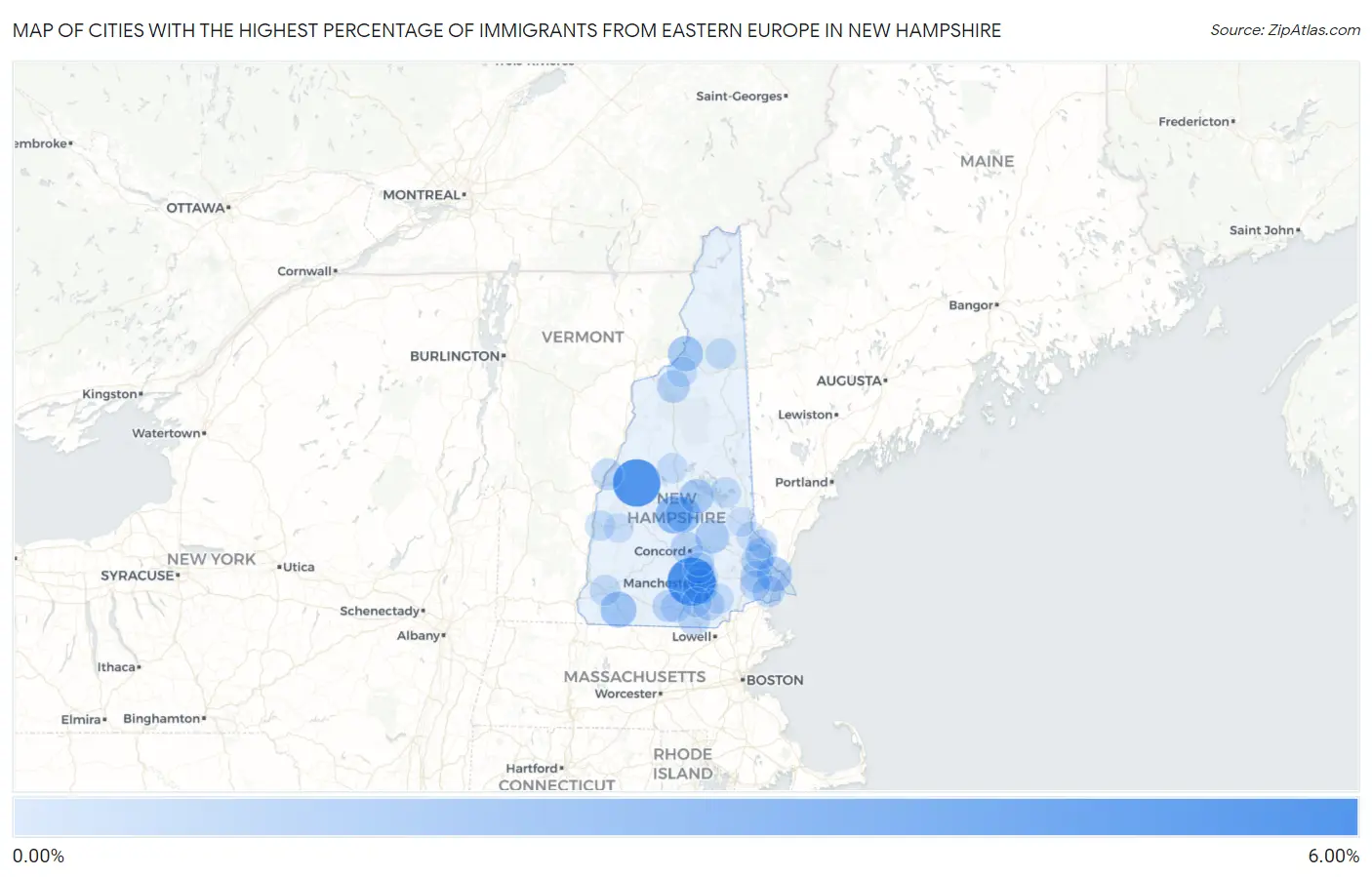 Cities with the Highest Percentage of Immigrants from Eastern Europe in New Hampshire Map