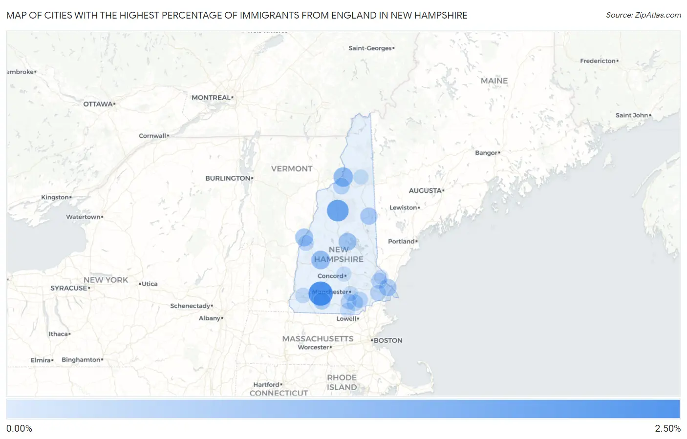 Cities with the Highest Percentage of Immigrants from England in New Hampshire Map