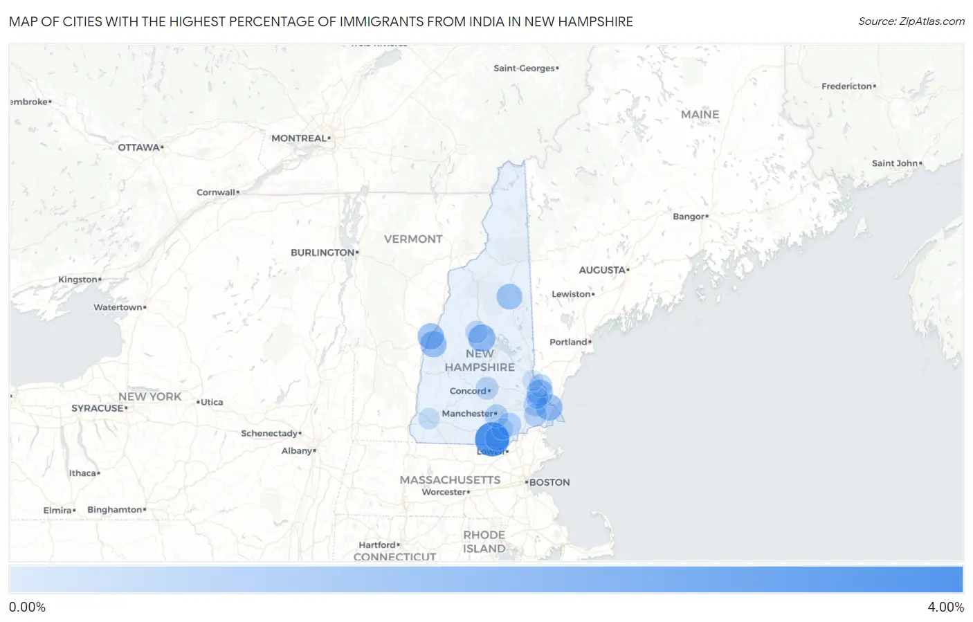 Cities with the Highest Percentage of Immigrants from India in New Hampshire Map