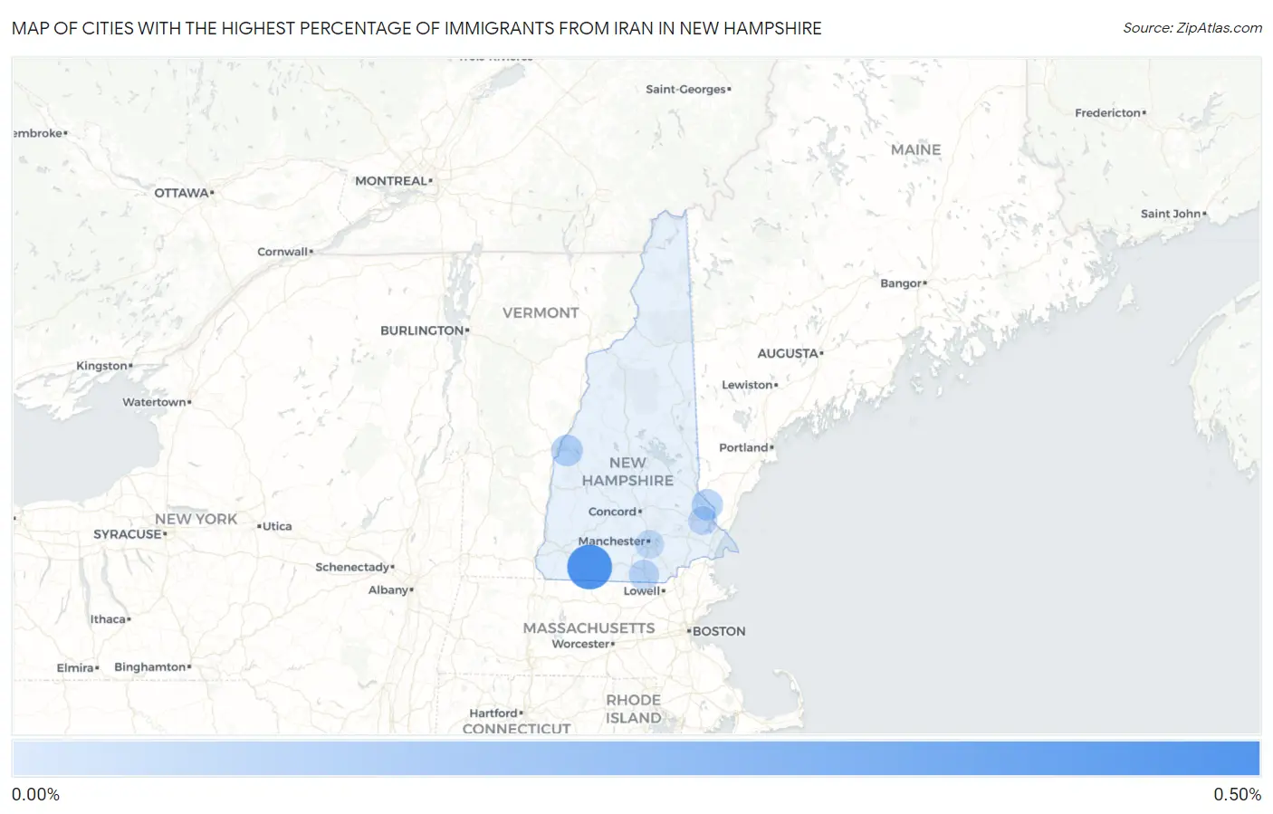Cities with the Highest Percentage of Immigrants from Iran in New Hampshire Map