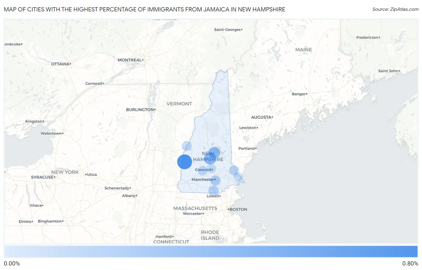 Cities with the Highest Percentage of Immigrants from Jamaica in New Hampshire Map