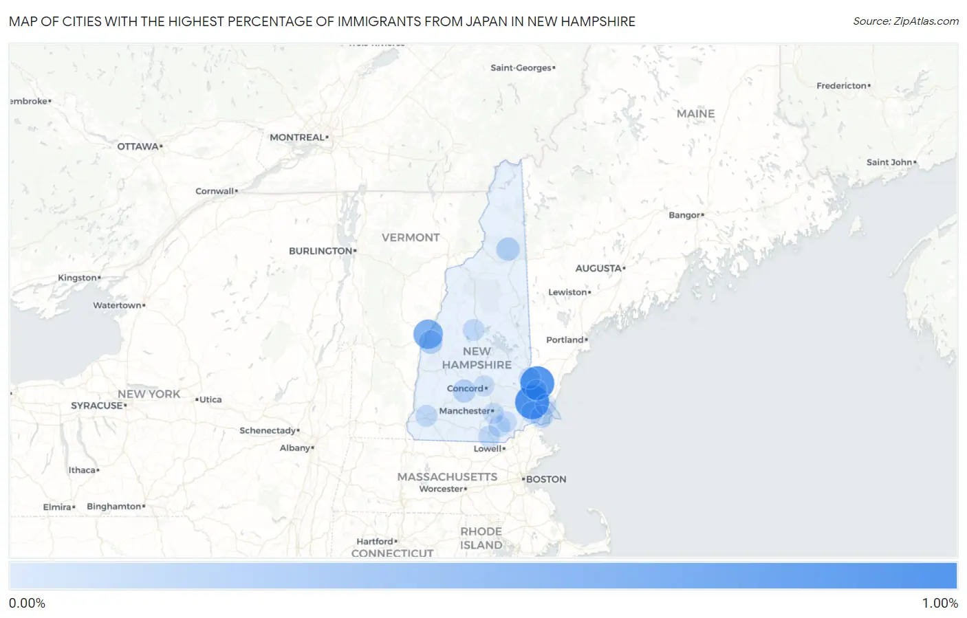 Cities with the Highest Percentage of Immigrants from Japan in New Hampshire Map