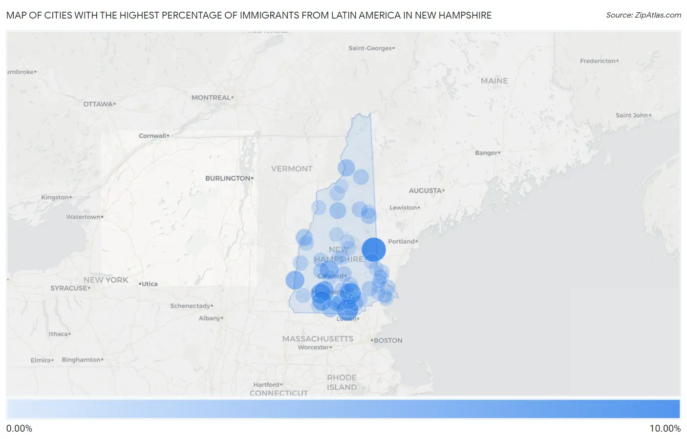 Cities with the Highest Percentage of Immigrants from Latin America in New Hampshire Map