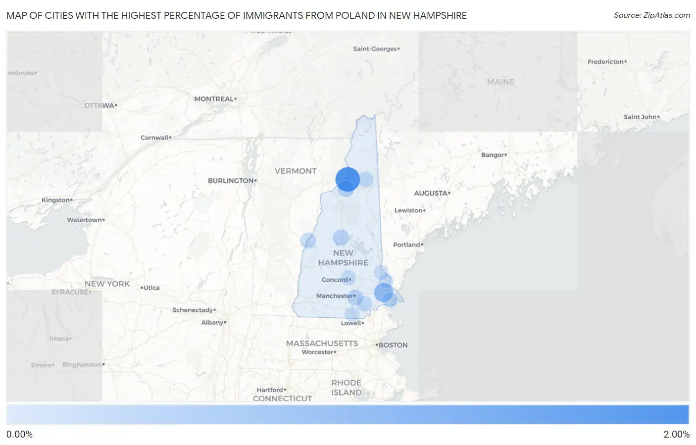 Cities with the Highest Percentage of Immigrants from Poland in New Hampshire Map