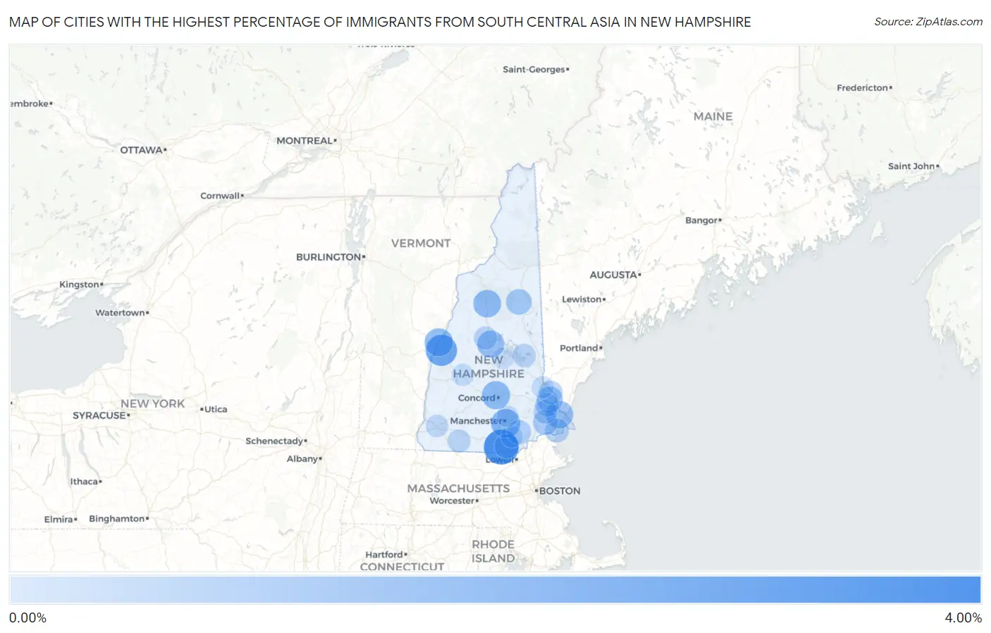 Cities with the Highest Percentage of Immigrants from South Central Asia in New Hampshire Map