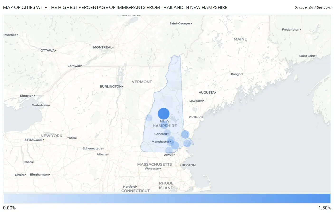 Cities with the Highest Percentage of Immigrants from Thailand in New Hampshire Map