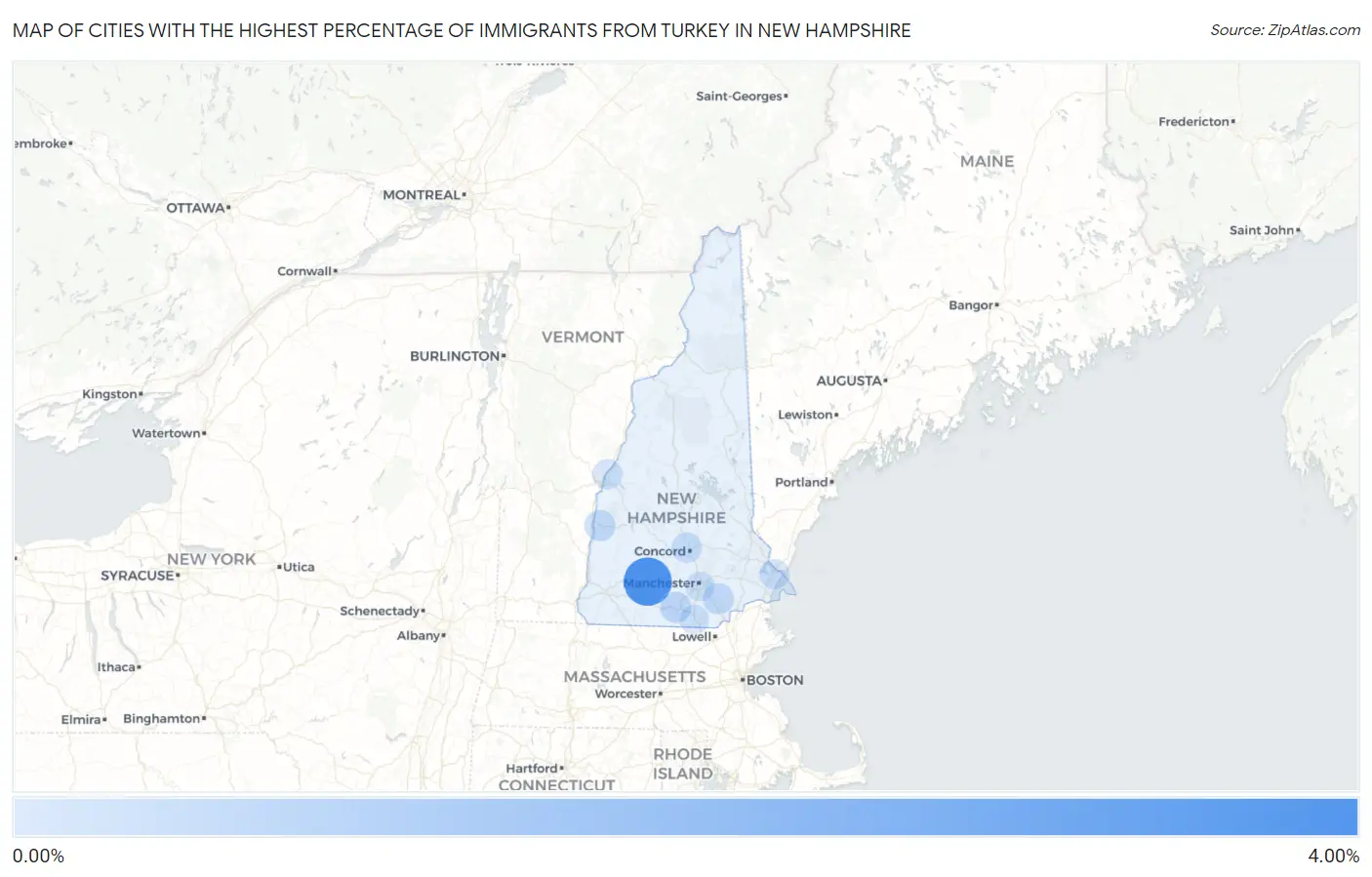 Cities with the Highest Percentage of Immigrants from Turkey in New Hampshire Map
