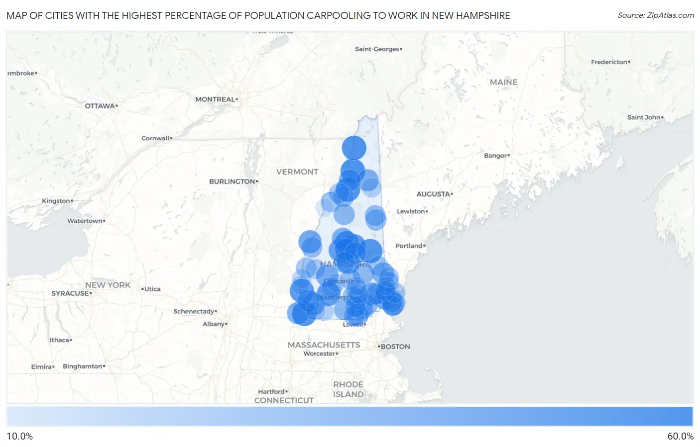 Cities with the Highest Percentage of Population Carpooling to Work in New Hampshire Map