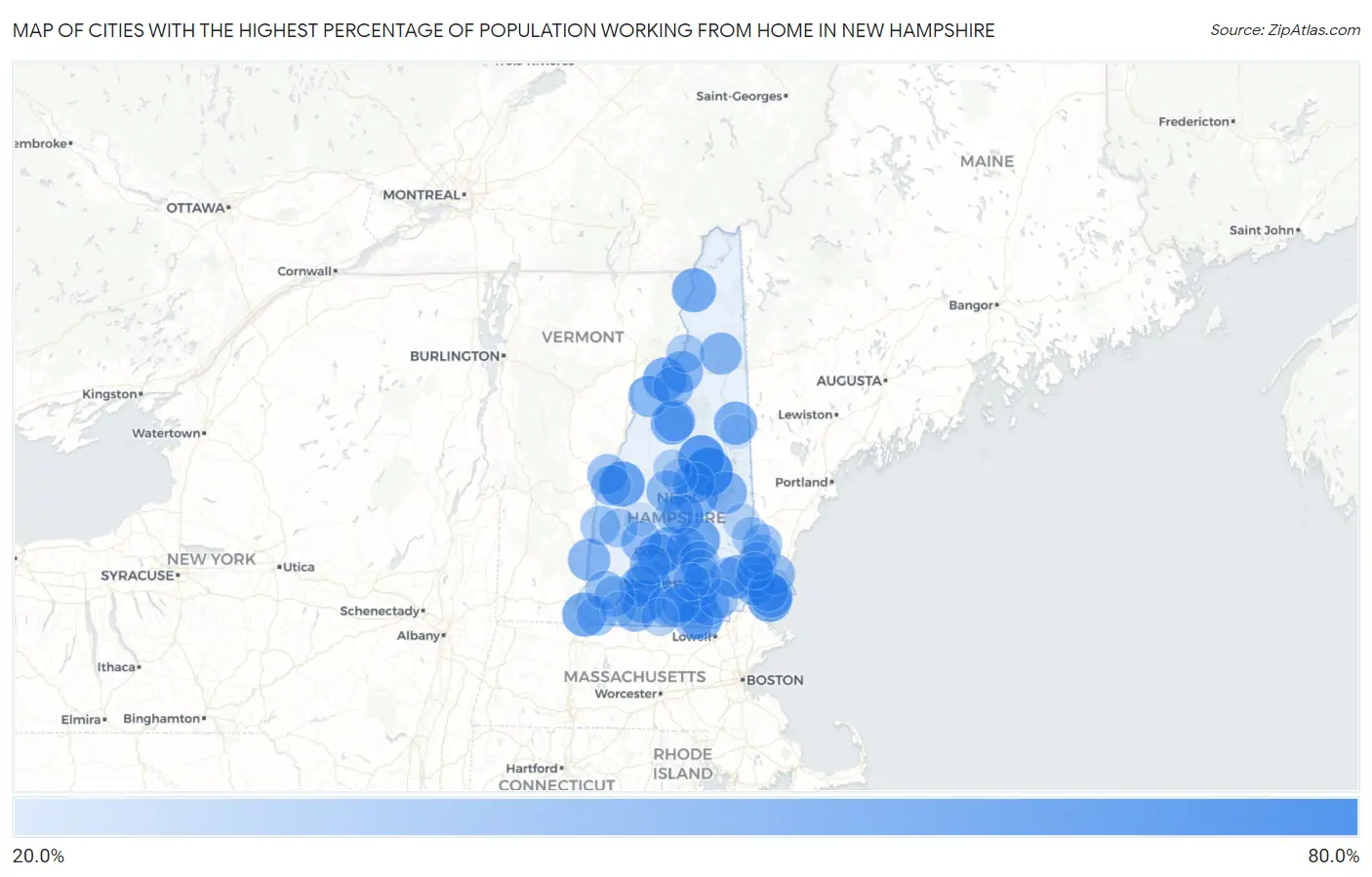 Cities with the Highest Percentage of Population Working from Home in New Hampshire Map