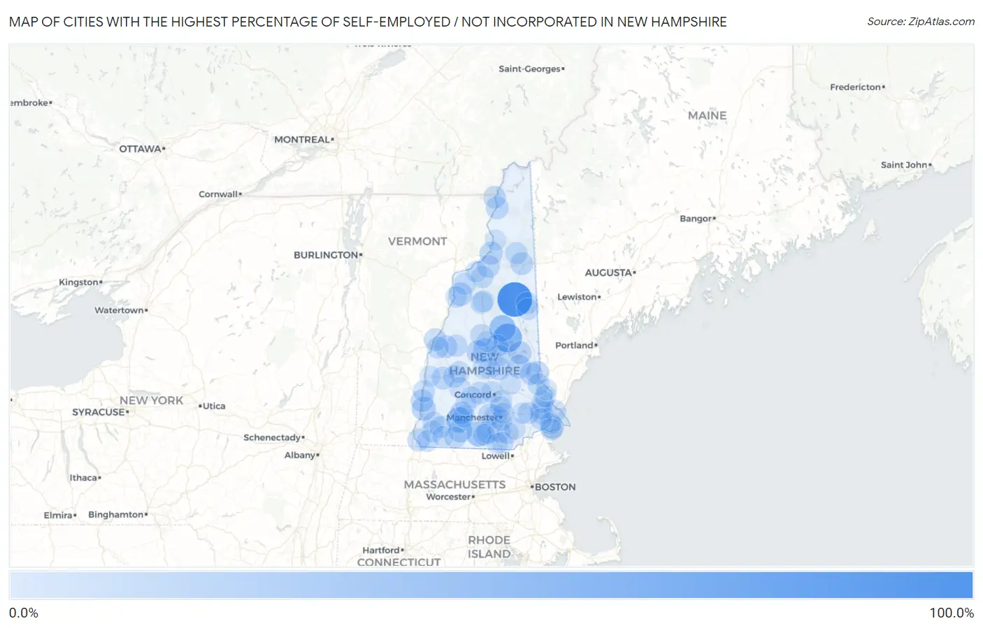 Cities with the Highest Percentage of Self-Employed / Not Incorporated in New Hampshire Map