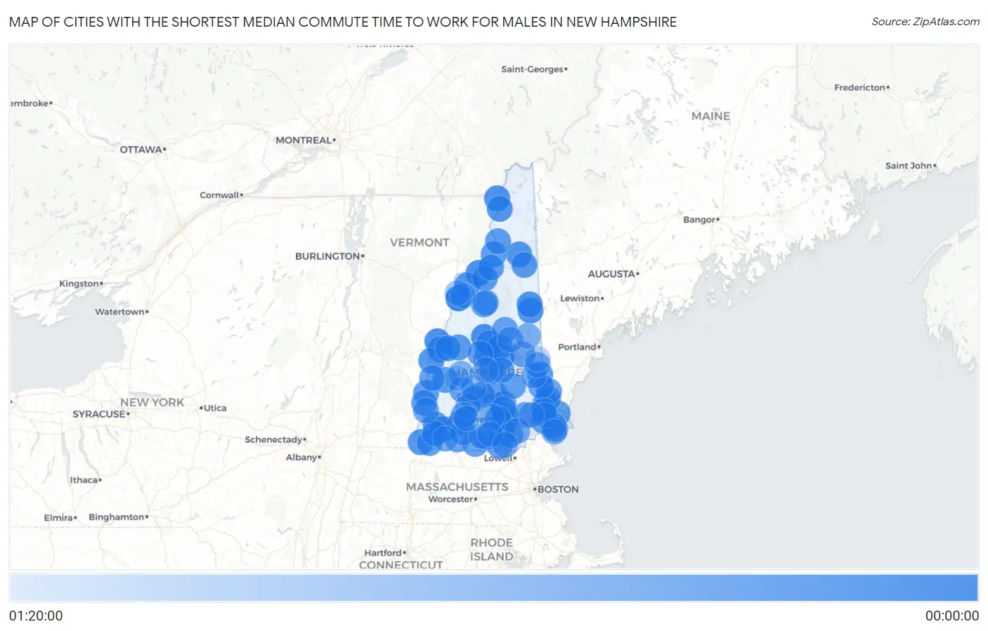 Cities with the Shortest Median Commute Time to Work for Males in New Hampshire Map