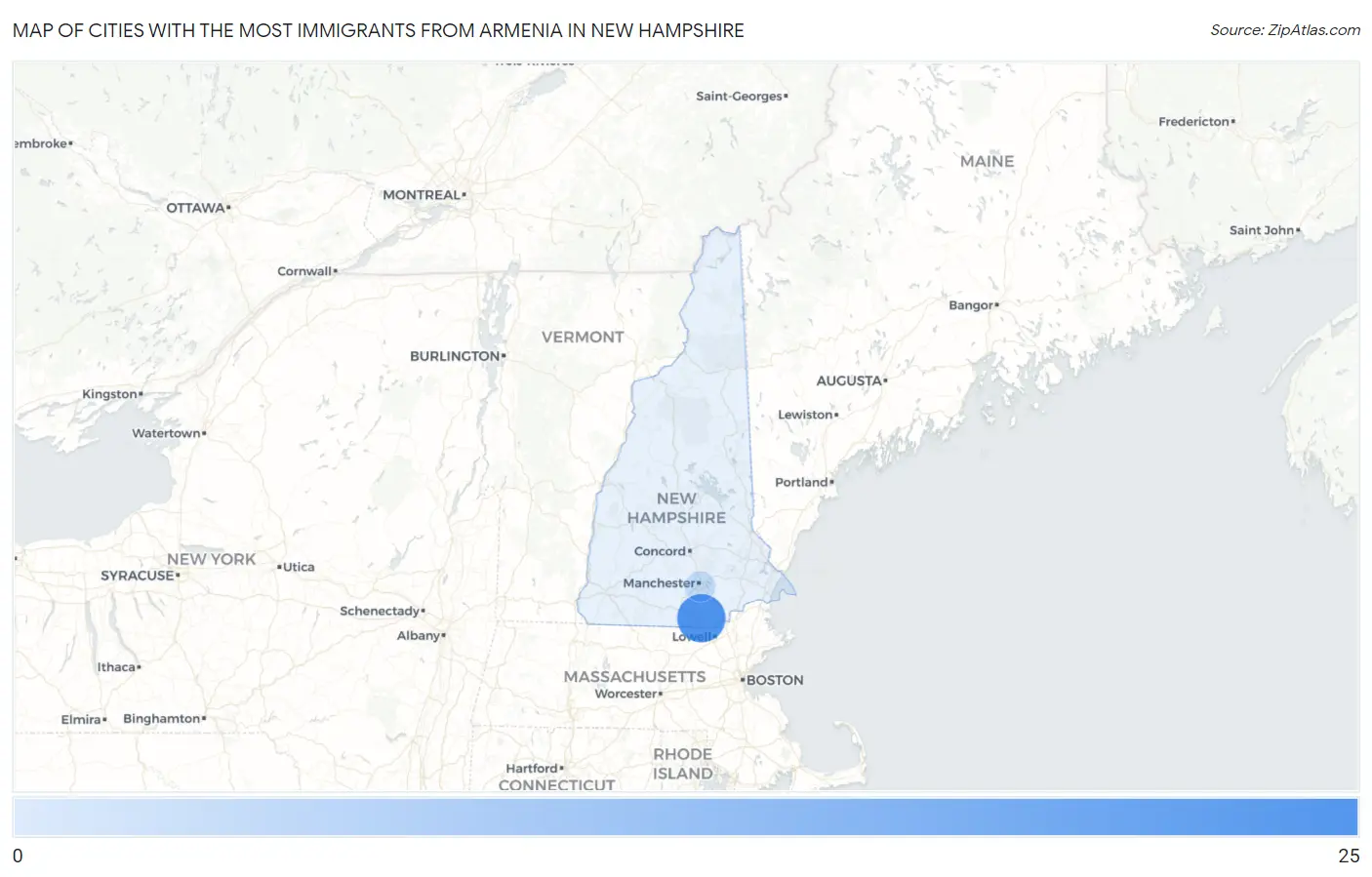 Cities with the Most Immigrants from Armenia in New Hampshire Map
