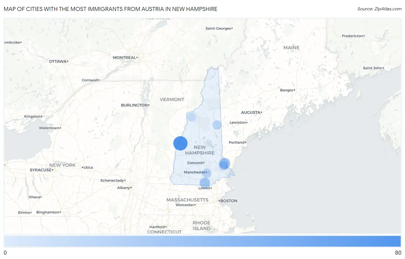 Cities with the Most Immigrants from Austria in New Hampshire Map