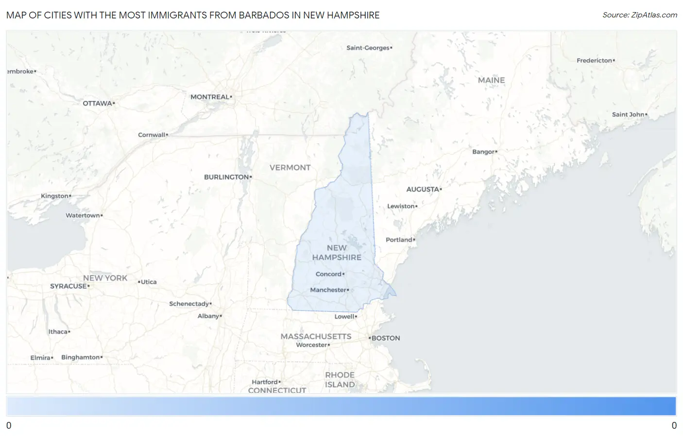 Cities with the Most Immigrants from Barbados in New Hampshire Map